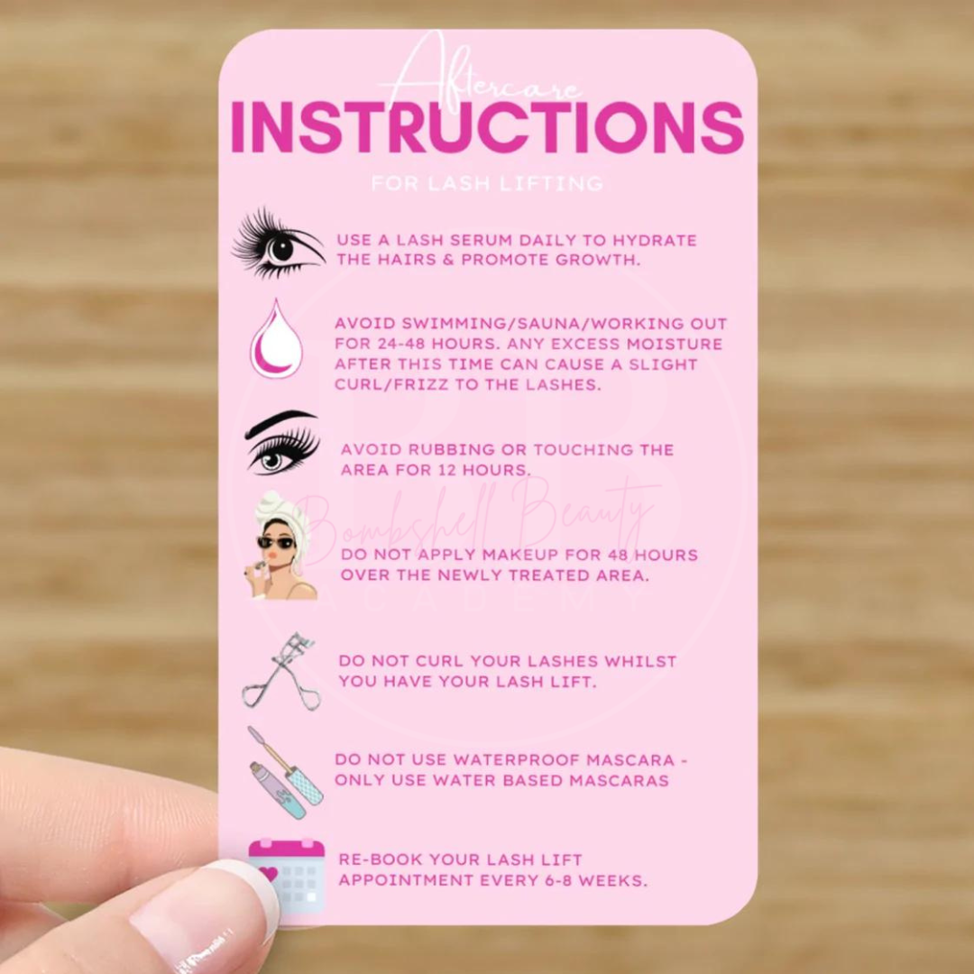 Beauty industry aftercare advice with lash lifting instructions on a pink card.