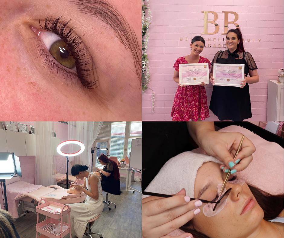 A collage showing lash art, students with certificates, and a lash application process to illustrate how to become a lash artist US Canada.