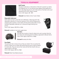 Tools and equipment for learning spray tanning, including bath towels, disposable underwear, hair nets, and face masks.