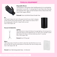 Image of tools and equipment for the Certificate in Spray Tanning course, including gloves, a rubbish bin, and wipes.