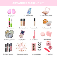 Image of an advanced makeup kit including sponges, foundations, mascara, and makeup brushes.