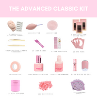 Advanced Classic Kit for Beginner Eyelash Extension Training including tools and supplies in pink color.
