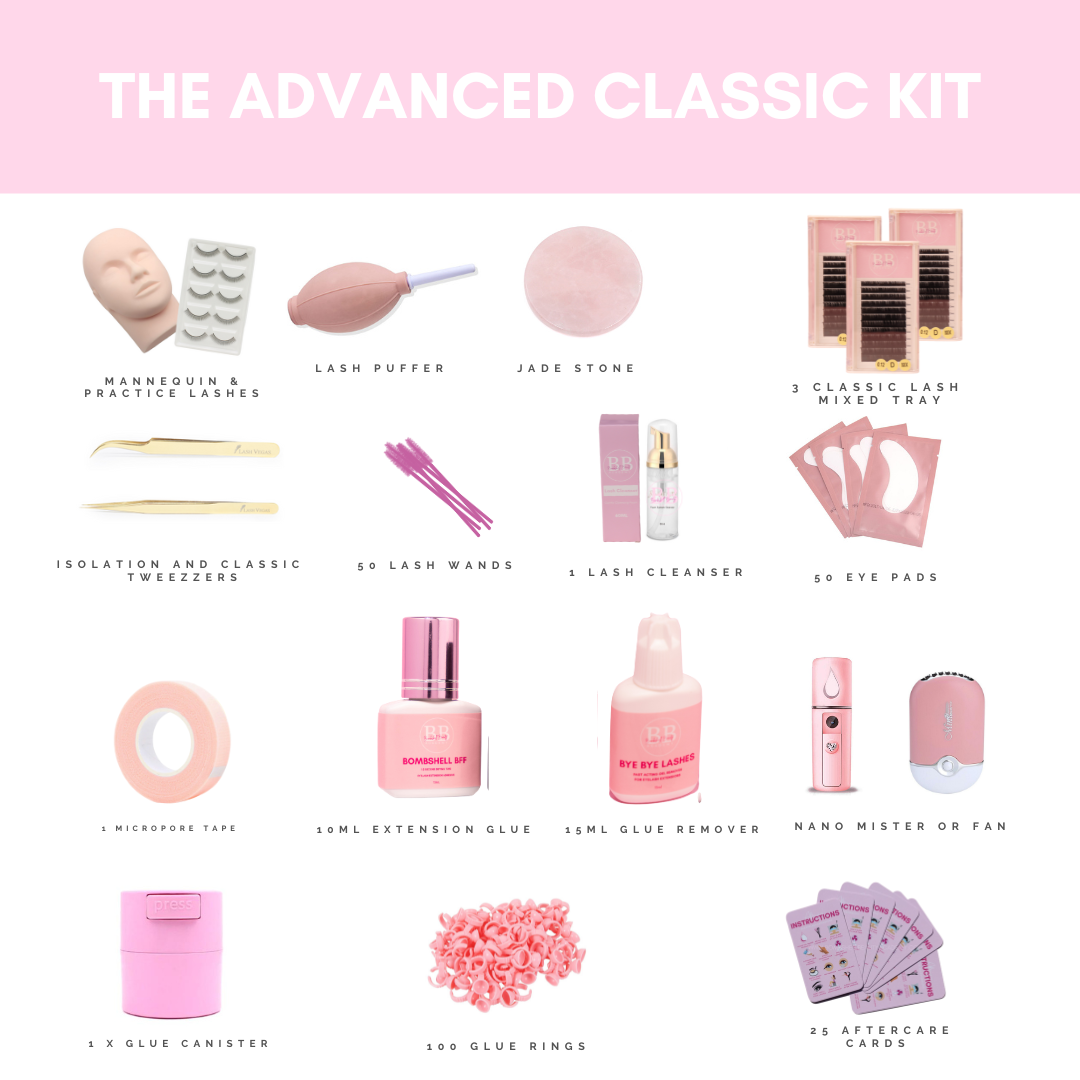 Advanced Classic Kit for Beginner Eyelash Extension Training including tools and supplies in pink color.