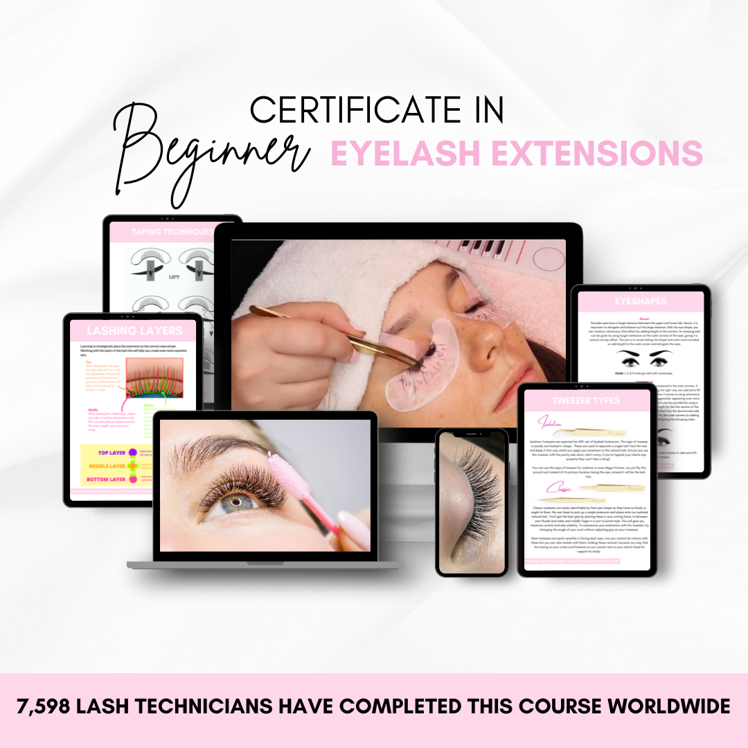 Certificate in Beginner Eyelash Extension Training displayed on multiple devices with a beauty technician applying lashes.