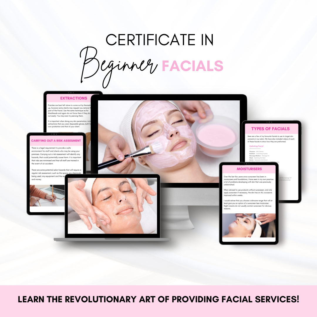 Certificate in Beauty School Basics featuring Beginner Facials course materials on digital devices.
