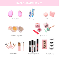 Basic Makeup Kit including sponges, glue, brow soap, pigments, fluid liners, brushes, lipsticks, and strip lashes for Professional Beauty Services.