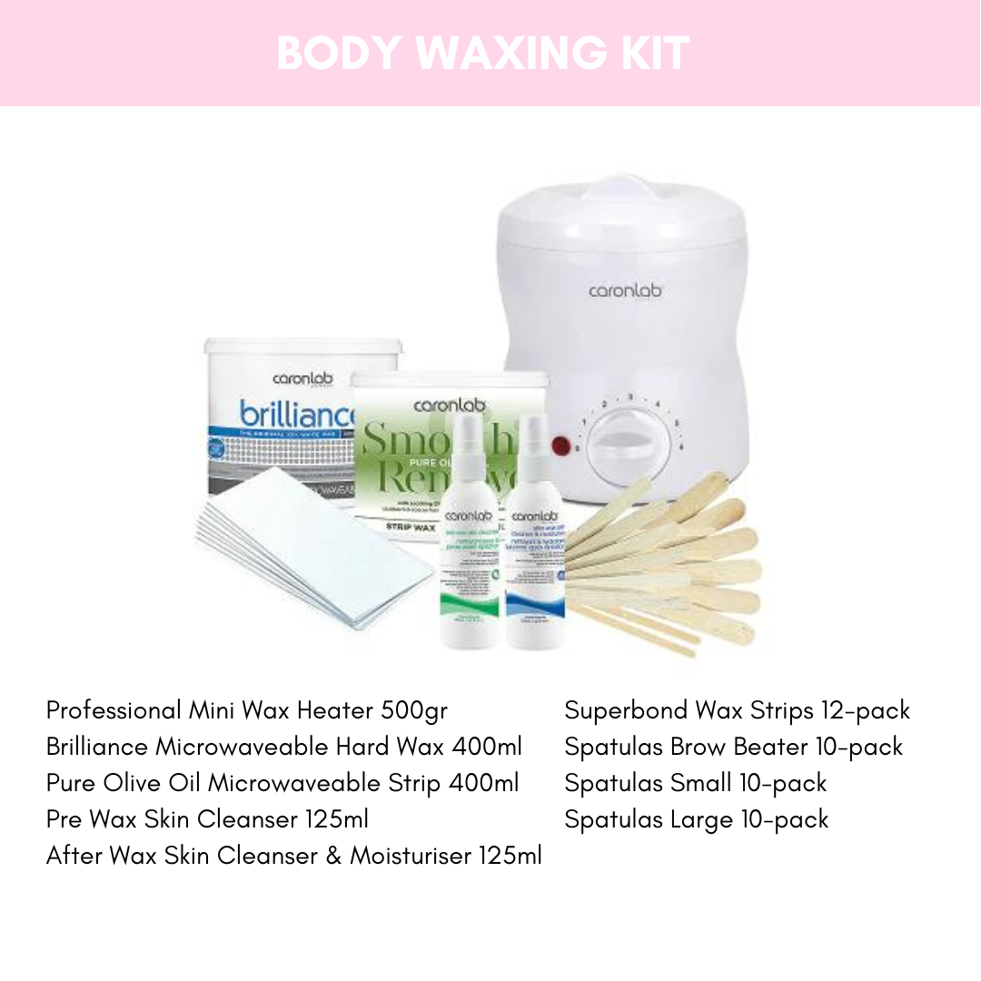 Body Waxing Kit including heater, hard wax, skin cleansers, and applicators for Professional Beauty Services.