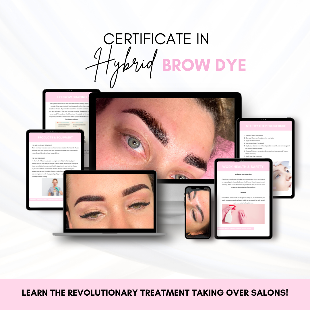 Certificate in Brow Mastery online course bundle showcasing hybrid brow dye techniques on multiple devices.