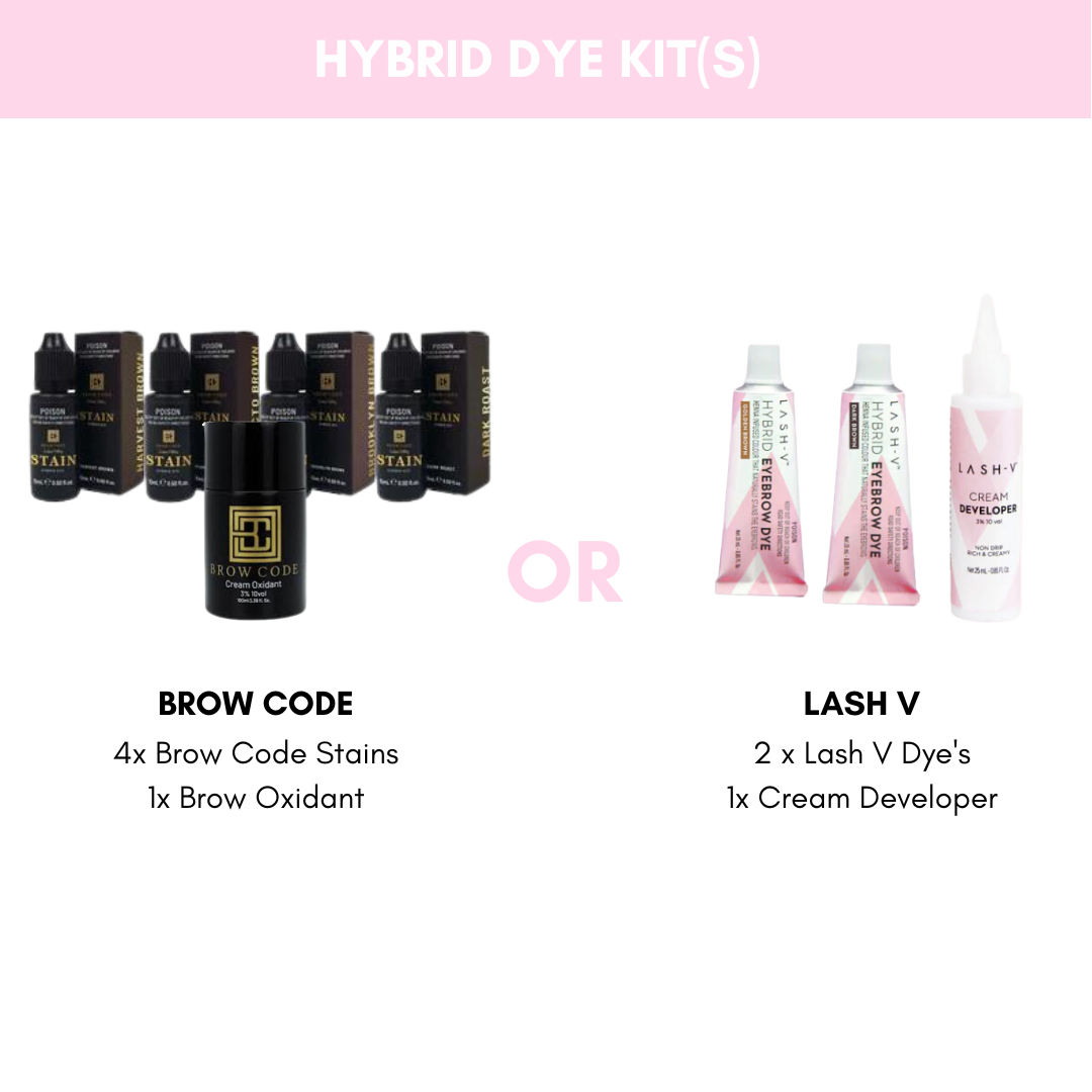 Hybrid Dye Kits featuring Brow Code and Lash V products for Professional Beauty Services