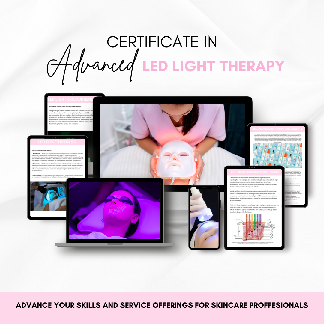 Certificate in Advanced LED Light Therapy featuring various tutorials and skincare applications for professionals.