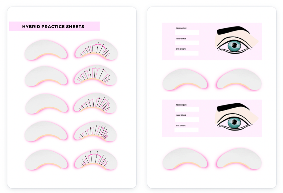 Eyelash Mapping & Styling Guide - Ebook showcasing hybrid practice sheets for eyelash styling techniques.