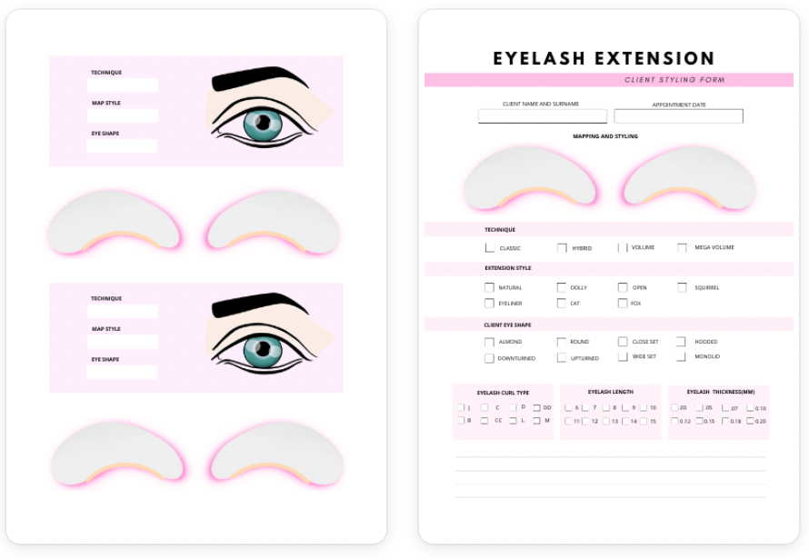 Eyelash Mapping & Styling Guide - Ebook showcasing styling techniques and client form for eyelash extensions.