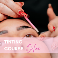 Learn Lash & Brow Tinting course image showing brow tinting technique in an online setting.