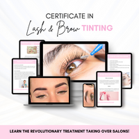 Learn Lash & Brow Tinting online course images showcasing certificate and course content.