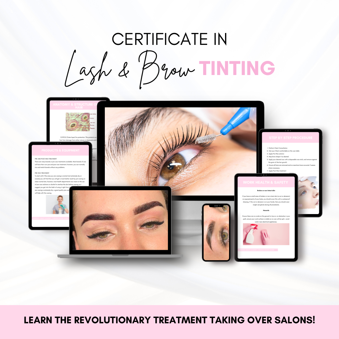 Learn Lash & Brow Tinting online course images showcasing certificate and course content.