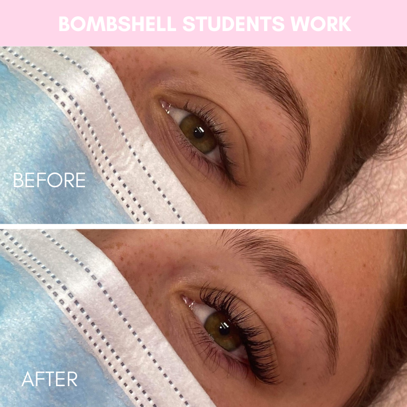 Before and after transformation showcasing Bombshell students' work in Beginner Eyelash Extension Training.