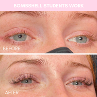 Before and after photos showcasing Bombshell students' skills in Beginner Eyelash Extension Training.