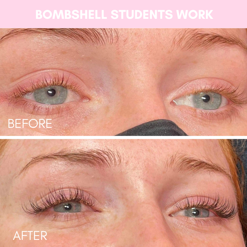 Before and after photos showcasing Bombshell students' skills in Beginner Eyelash Extension Training.