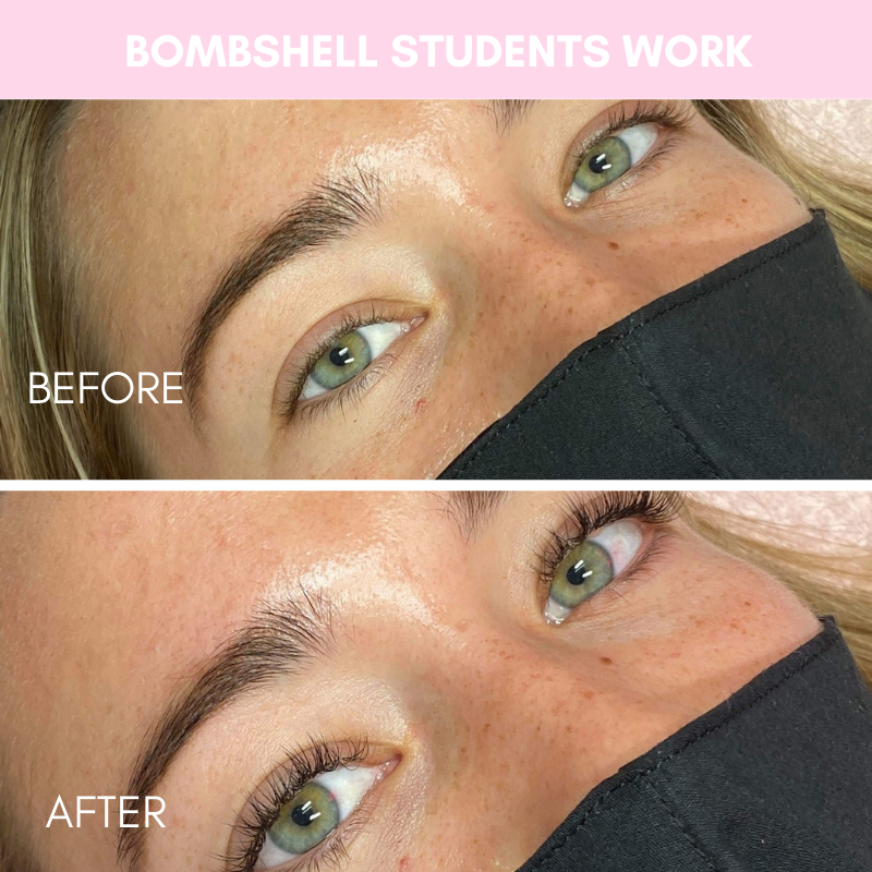 Before and after images showcasing Bombshell students work in Beginner Eyelash Extension Training