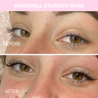 Before and after images showcasing Bombshell students' work in Beginner Eyelash Extension Training.