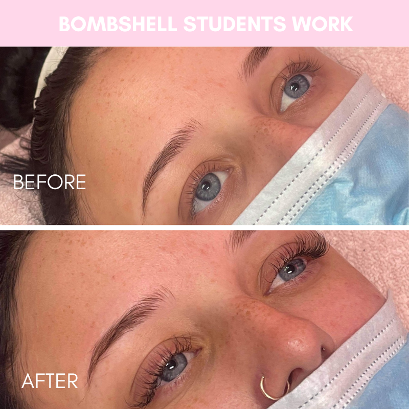 Before and after images showcasing the results of Beginner Eyelash Extension Training by Bombshell students.