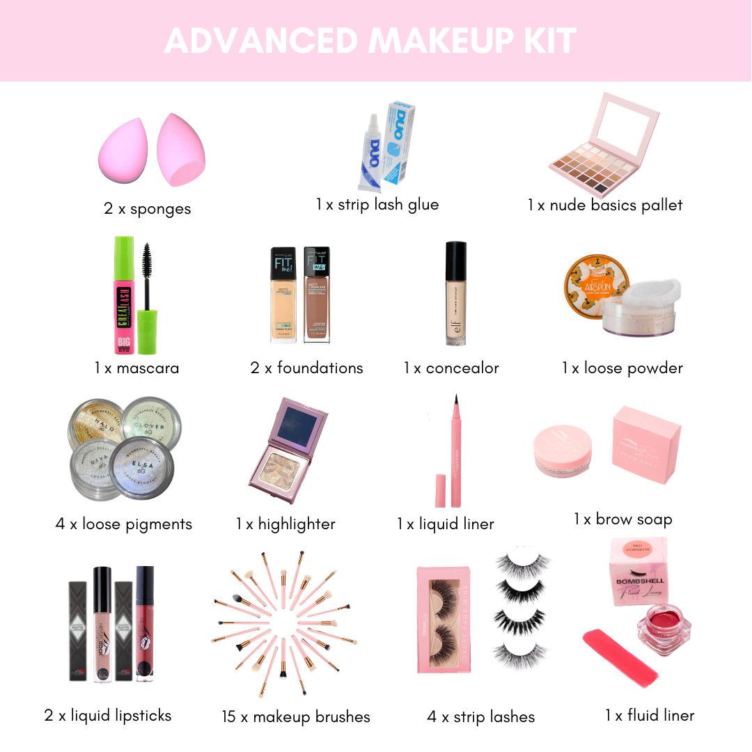 Image of an Advanced Makeup Kit featuring various tools and products including sponges, palettes, and lipsticks.