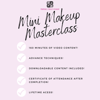 Graphic showcasing the Mini Makeup Masterclass features including video content, techniques, downloadable content, and certificate.