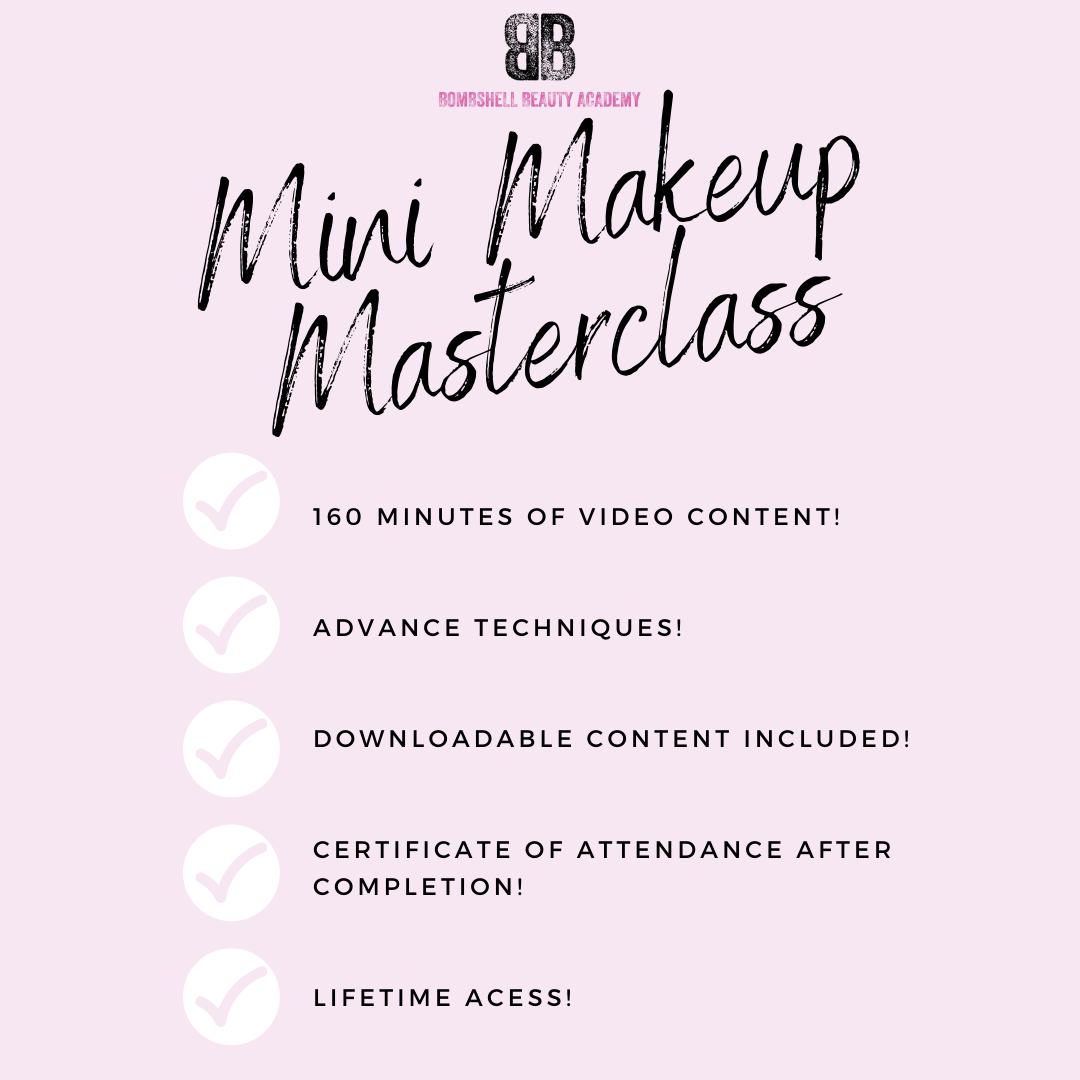 Graphic showcasing the Mini Makeup Masterclass features including video content, techniques, downloadable content, and certificate.
