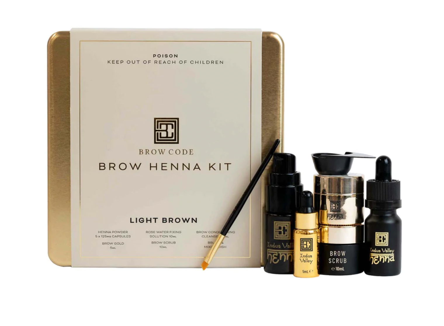 Henna Dye Course supplies including Brow Henna Kit and tools for natural eyebrow transformation.